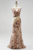 Champagne Floral Beaded Ruched Satin Sheath Long Prom Dress with Cape
