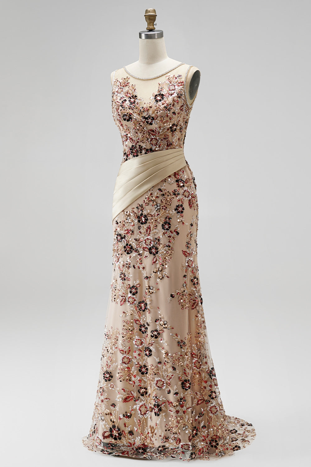 Champagne Floral Beaded Ruched Satin Sheath Long Prom Dress with Cape
