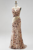 Champagne Floral Beaded Ruched Satin Sheath Long Prom Dress with Cape