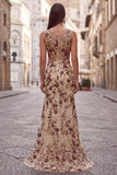 Champagne Floral Beaded Ruched Satin Sheath Long Prom Dress with Cape