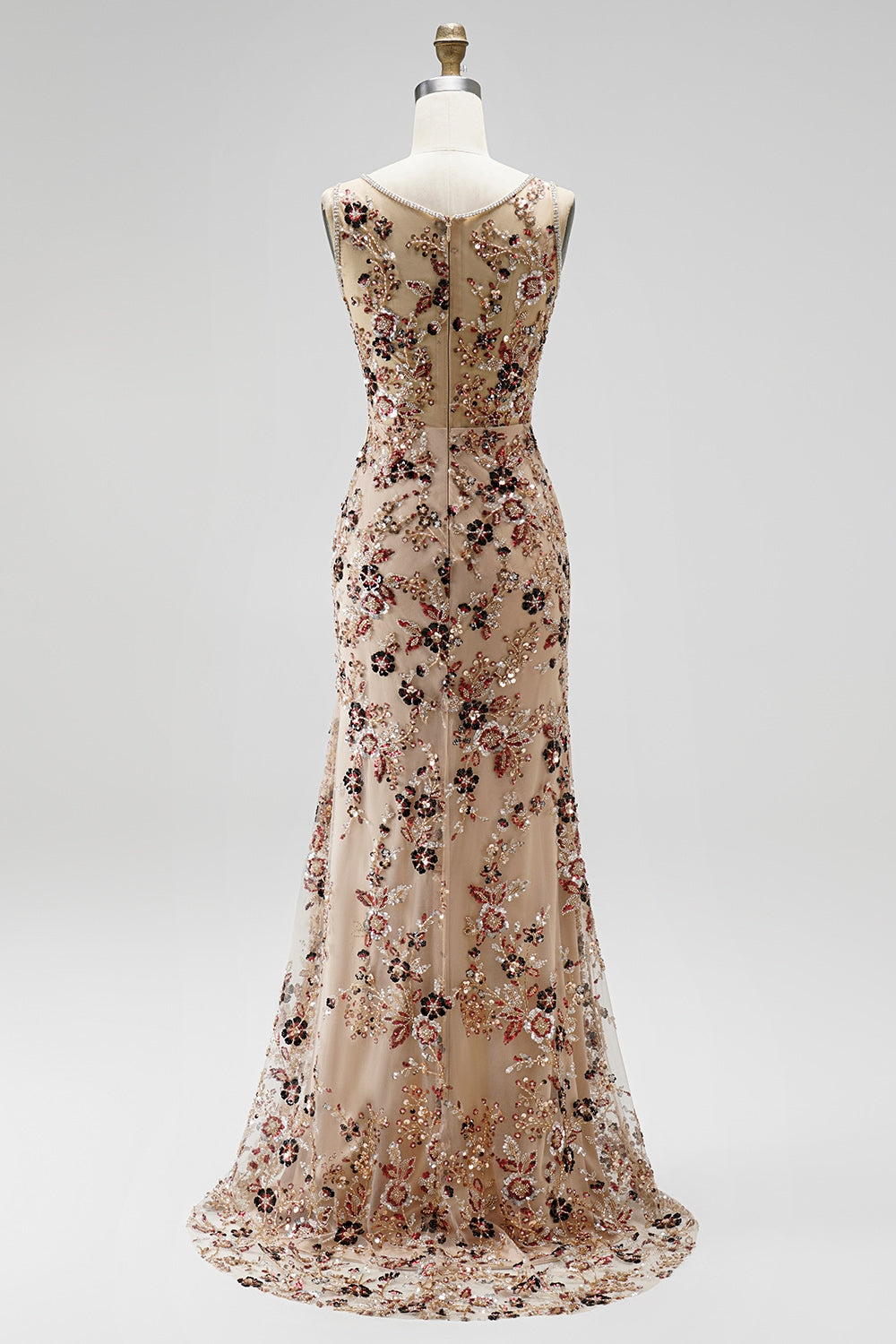 Champagne Floral Beaded Ruched Satin Sheath Long Prom Dress with Cape