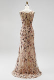 Champagne Floral Beaded Ruched Satin Sheath Long Prom Dress with Cape
