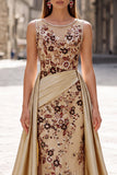 Champagne Floral Beaded Ruched Satin Sheath Long Prom Dress with Cape