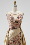 Champagne Floral Beaded Ruched Satin Sheath Long Prom Dress with Cape
