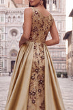 Champagne Floral Beaded Ruched Satin Sheath Long Prom Dress with Cape