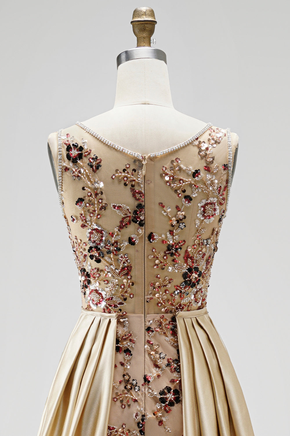 Champagne Floral Beaded Ruched Satin Sheath Long Prom Dress with Cape