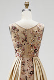 Champagne Floral Beaded Ruched Satin Sheath Long Prom Dress with Cape