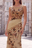 Champagne Floral Beaded Ruched Satin Sheath Long Prom Dress with Cape