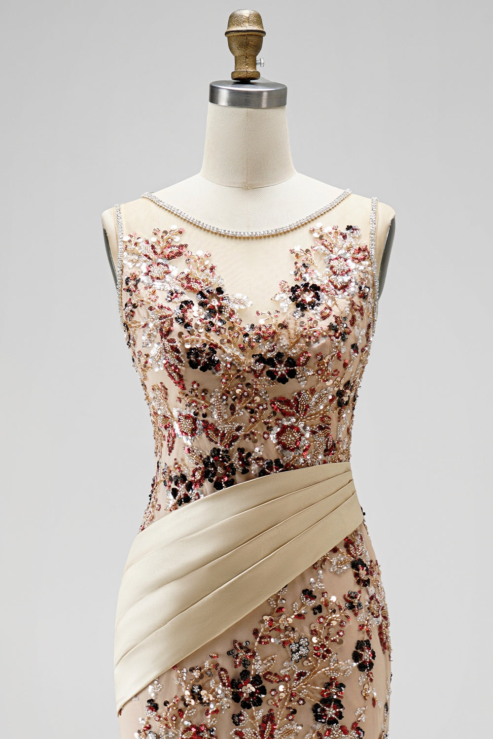 Champagne Floral Beaded Ruched Satin Sheath Long Prom Dress with Cape