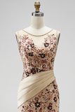 Champagne Floral Beaded Ruched Satin Sheath Long Prom Dress with Cape