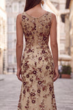 Champagne Floral Beaded Ruched Satin Sheath Long Prom Dress with Cape