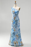 Sparkly Blue Sequin Beaded One Shoulder Mermaid Long Prom Dress