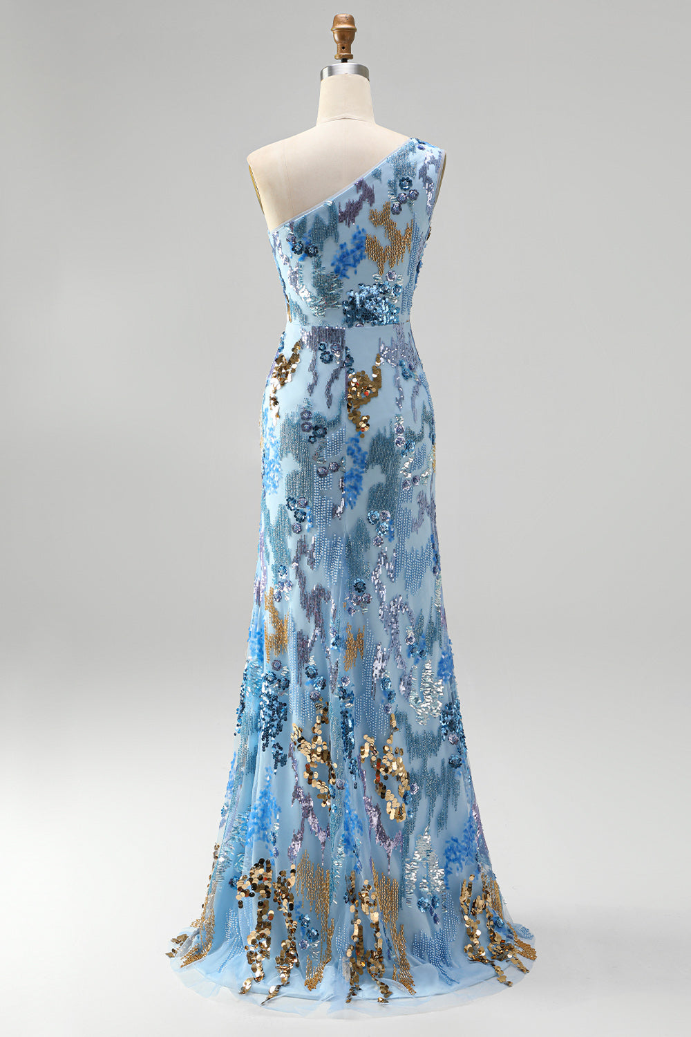 Sparkly Blue Sequin Beaded One Shoulder Mermaid Long Prom Dress
