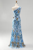 Sparkly Blue Sequin Beaded One Shoulder Mermaid Long Prom Dress