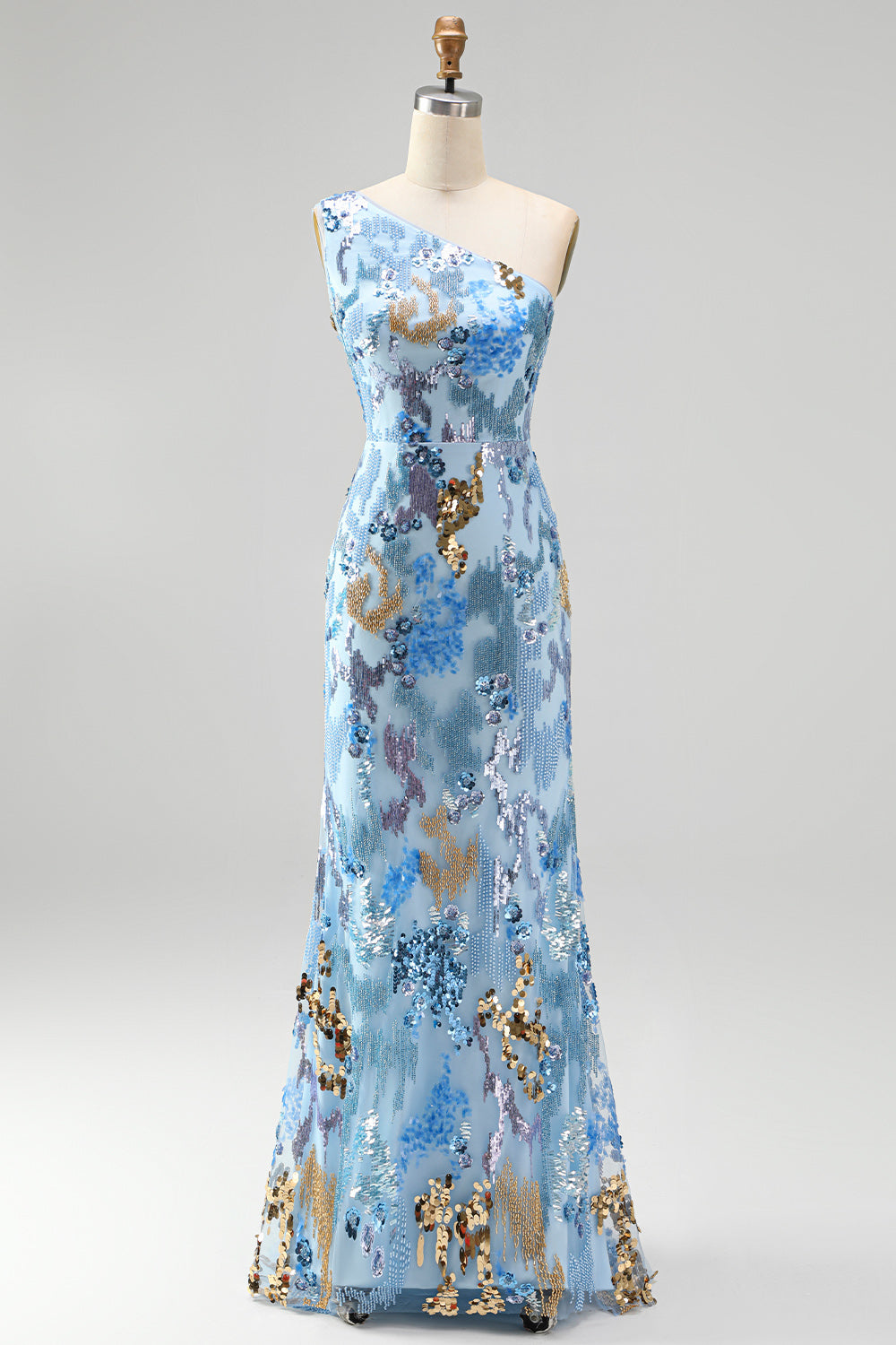 Sparkly Blue Sequin Beaded One Shoulder Mermaid Long Prom Dress