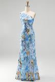 Sparkly Blue Sequin Beaded One Shoulder Mermaid Long Prom Dress