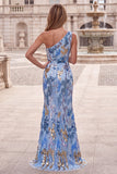 Sparkly Blue Sequin Beaded One Shoulder Mermaid Long Prom Dress