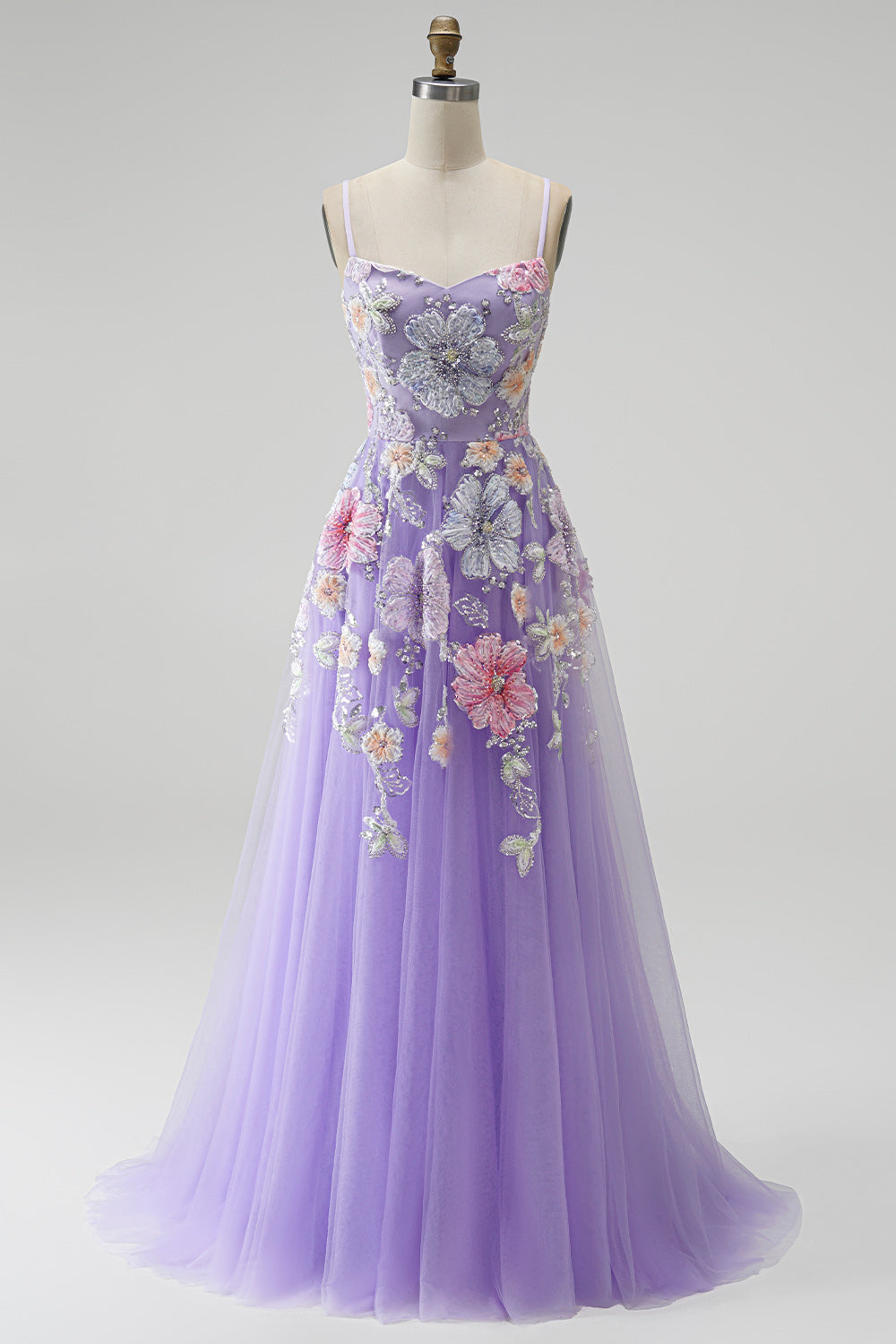 Lilac Floral Beaded Sequin A-Line Tulle Long Prom Dress