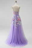 Lilac Floral Beaded Sequin A-Line Tulle Long Prom Dress