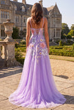 Lilac Floral Beaded Sequin A-Line Tulle Long Prom Dress