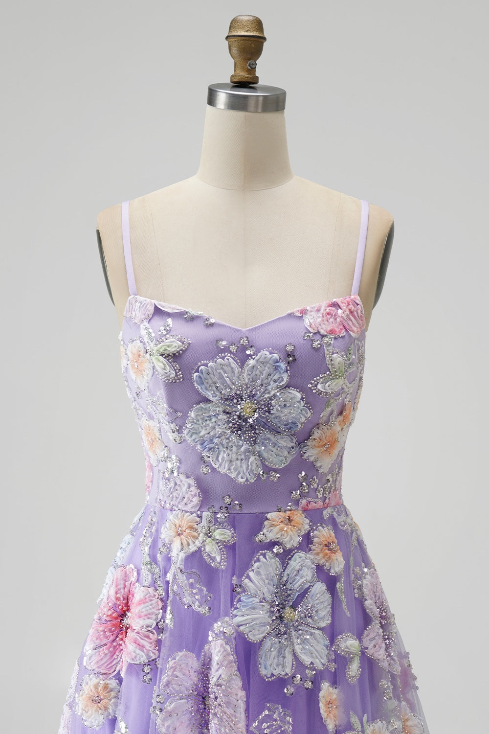 Lilac Floral Beaded Sequin A-Line Tulle Long Prom Dress