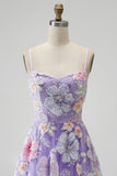 Lilac Floral Beaded Sequin A-Line Tulle Long Prom Dress