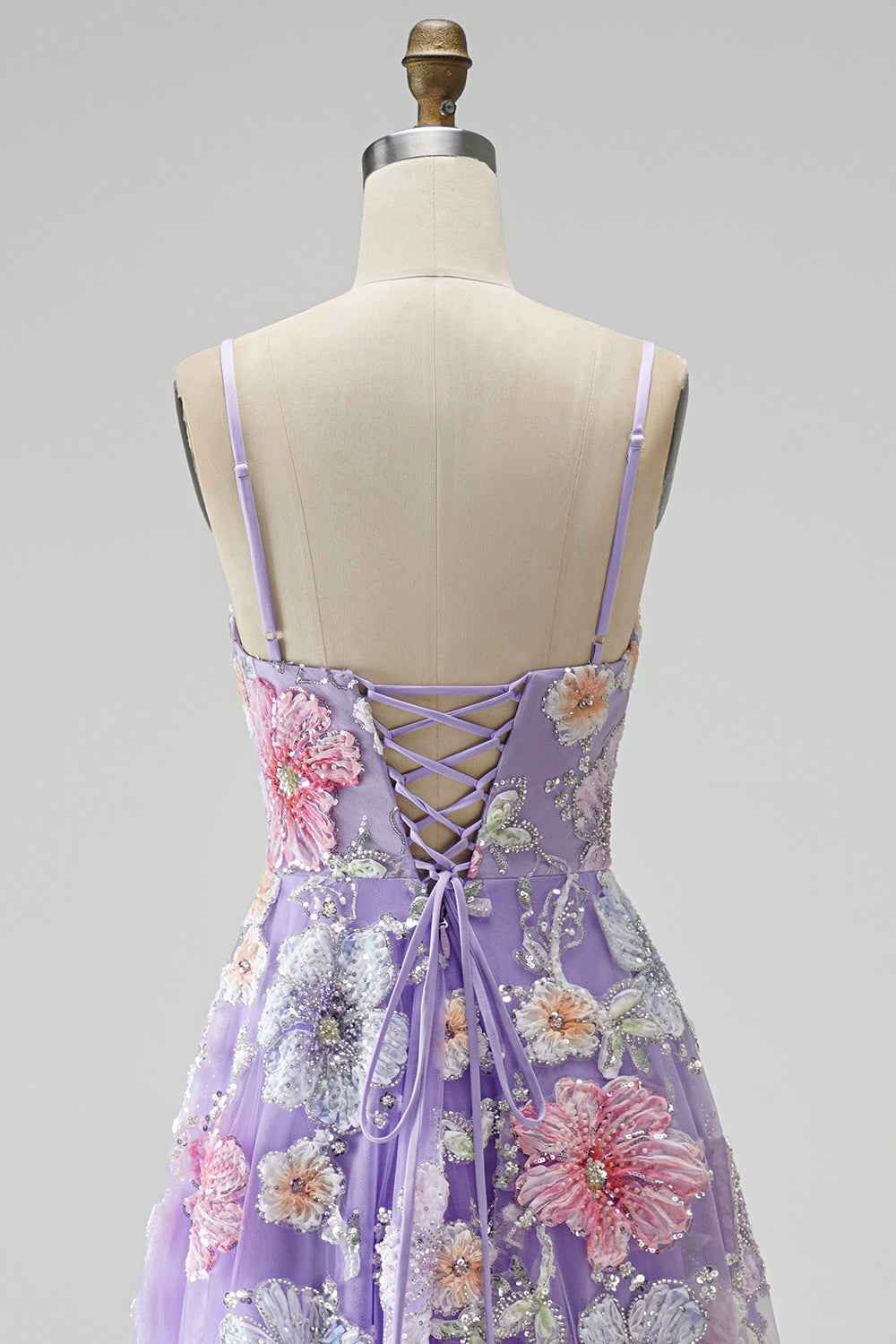 Lilac Floral Beaded Sequin A-Line Tulle Long Prom Dress