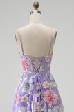 Lilac Floral Beaded Sequin A-Line Tulle Long Prom Dress