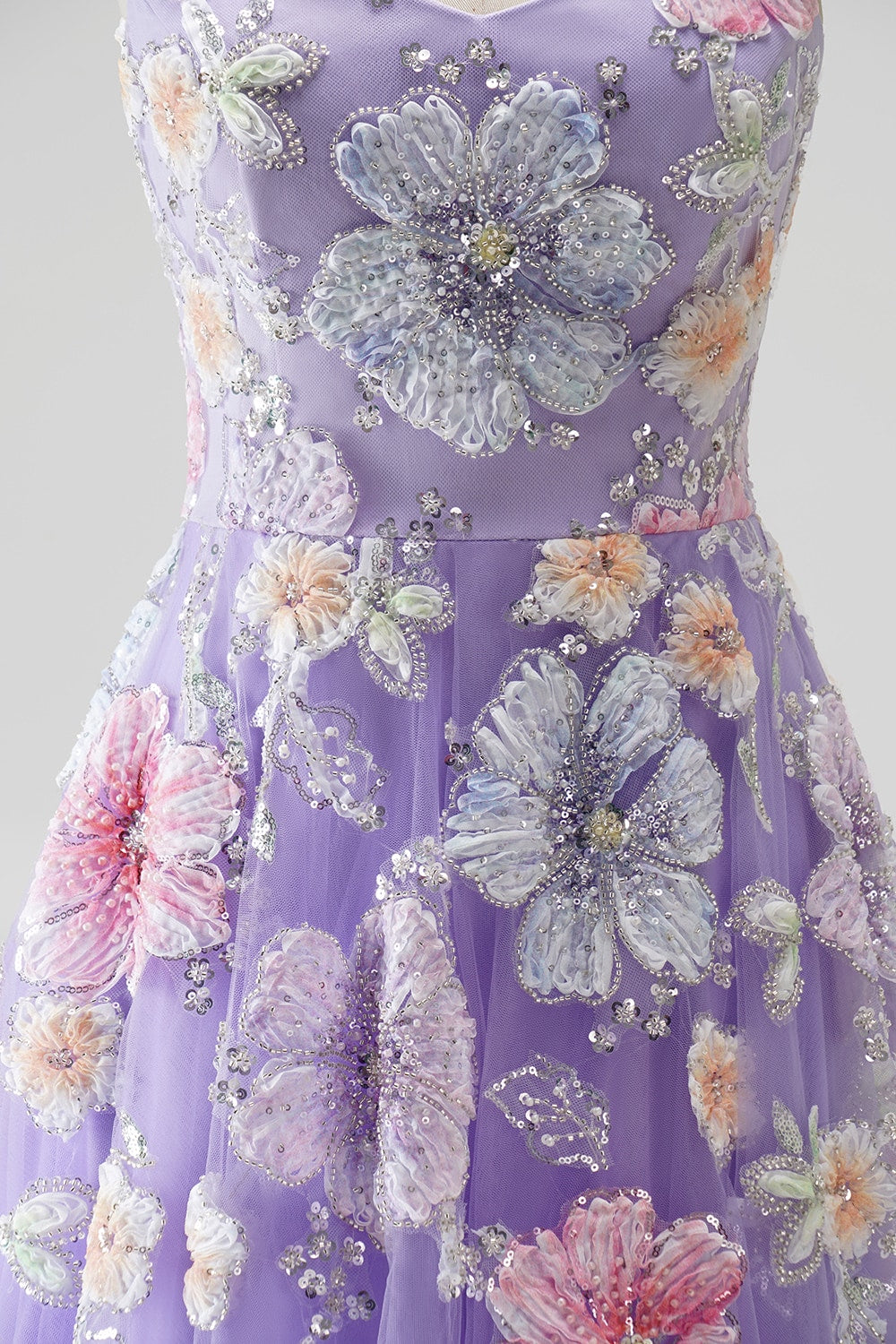 Lilac Floral Beaded Sequin A-Line Tulle Long Prom Dress