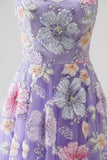 Lilac Floral Beaded Sequin A-Line Tulle Long Prom Dress