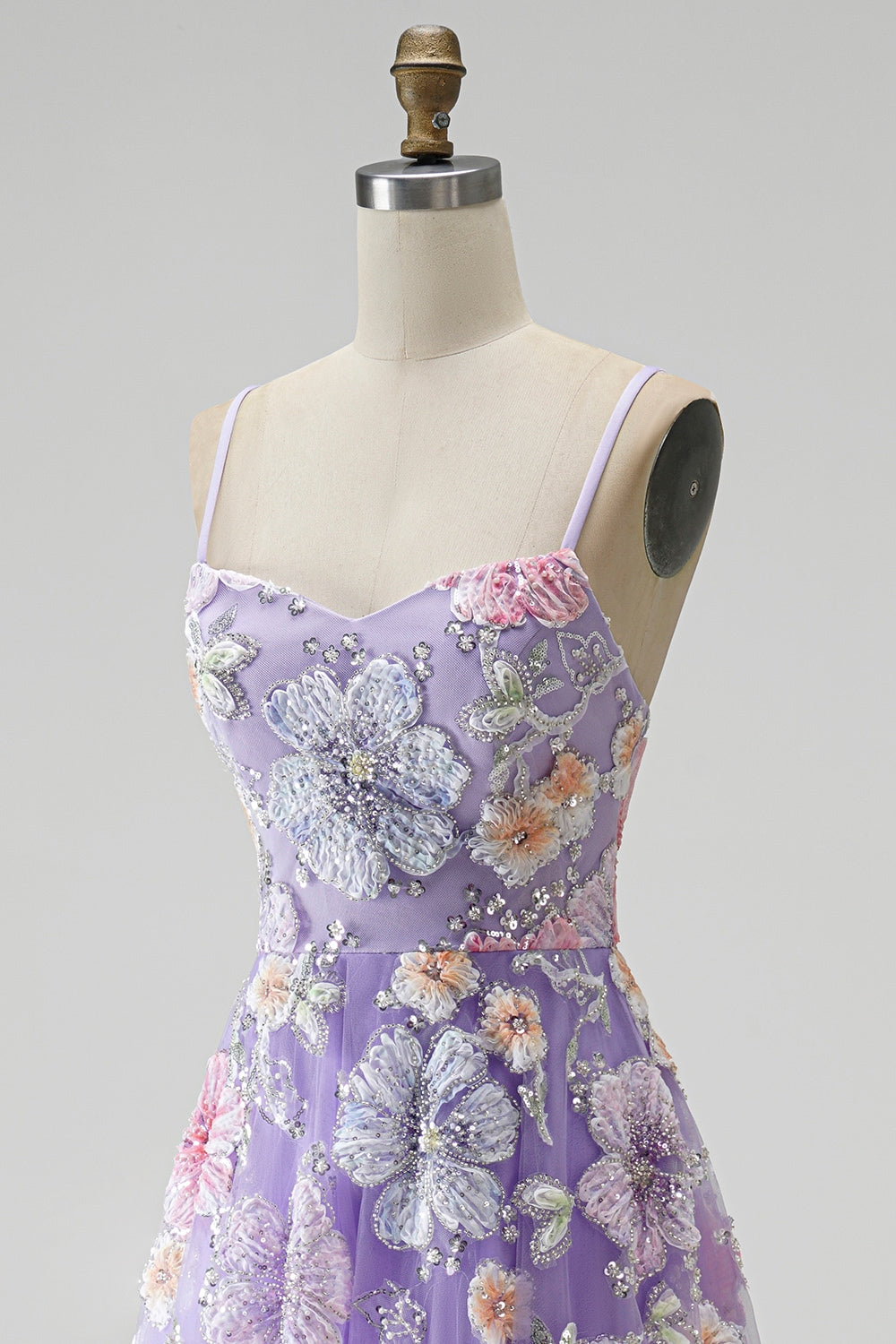 Lilac Floral Beaded Sequin A-Line Tulle Long Prom Dress