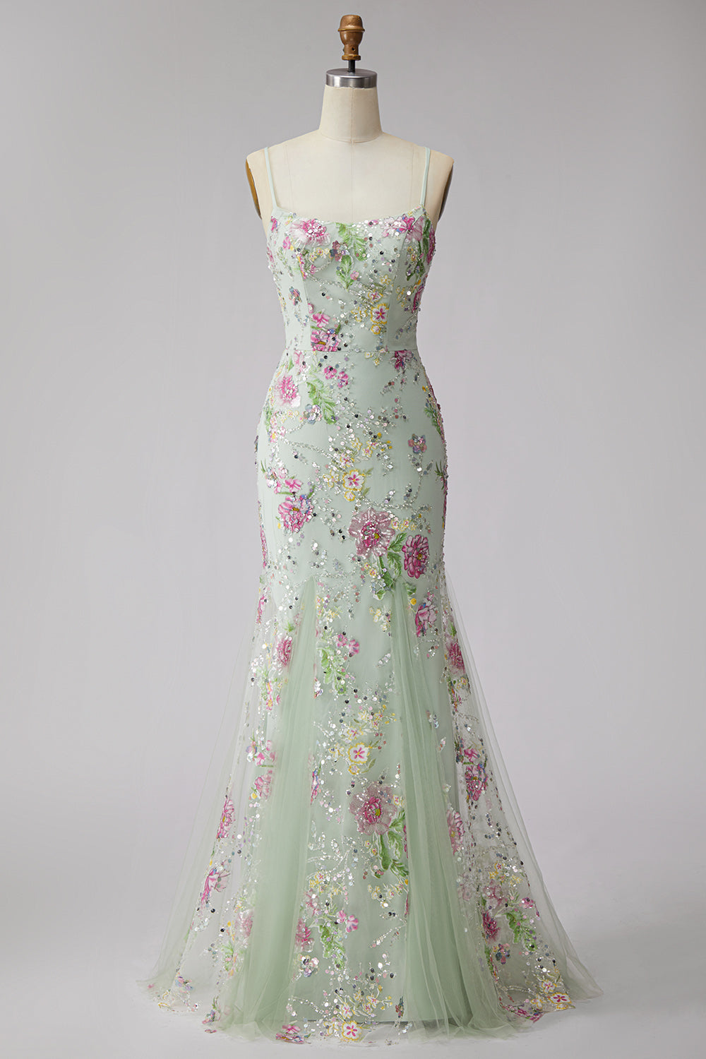 Sparkly Light Green Floral Sequin Beaded Mermaid Long Prom Dress