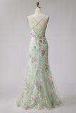 Sparkly Light Green Floral Sequin Beaded Mermaid Long Prom Dress