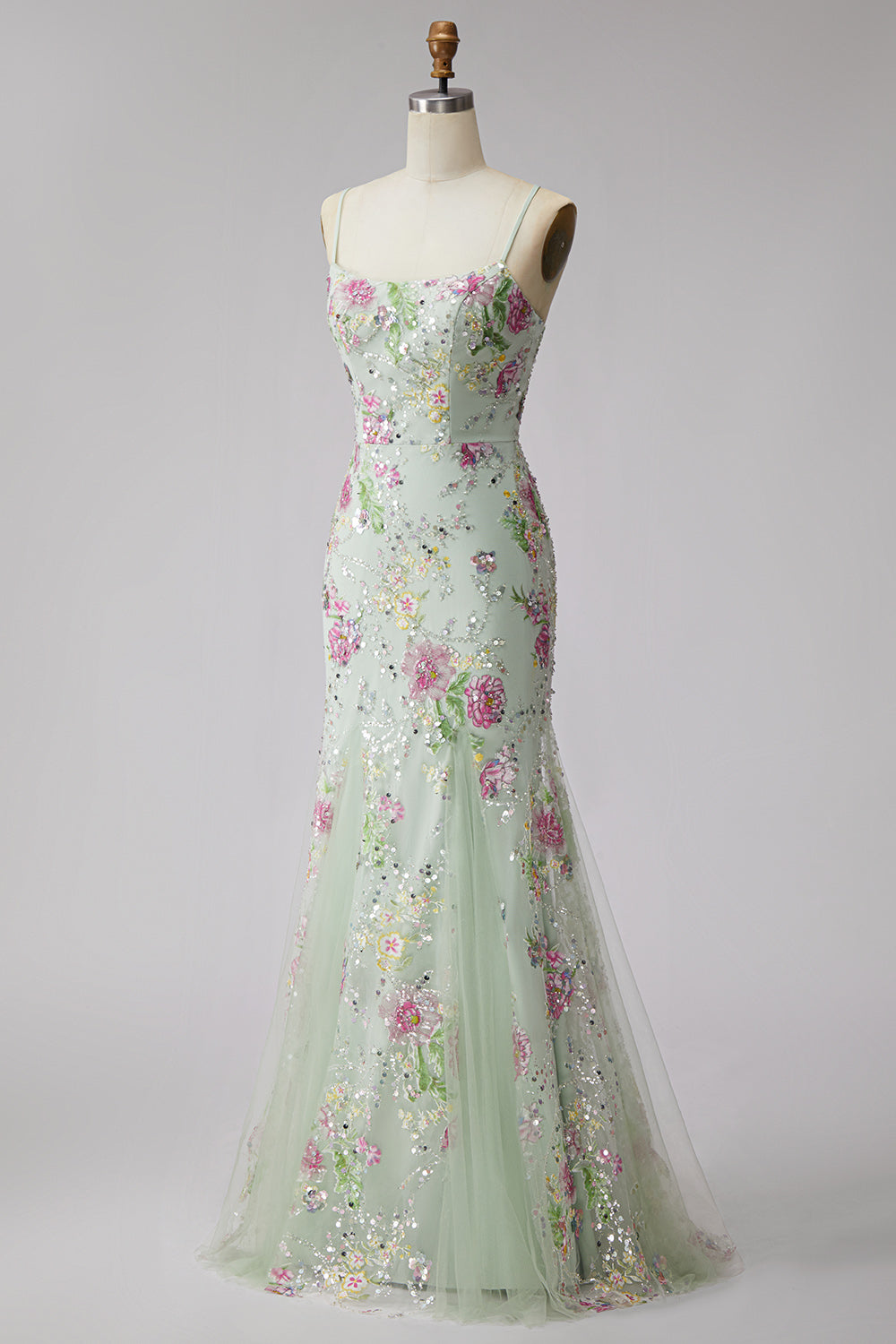 Sparkly Light Green Floral Sequin Beaded Mermaid Long Prom Dress