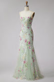 Sparkly Light Green Floral Sequin Beaded Mermaid Long Prom Dress