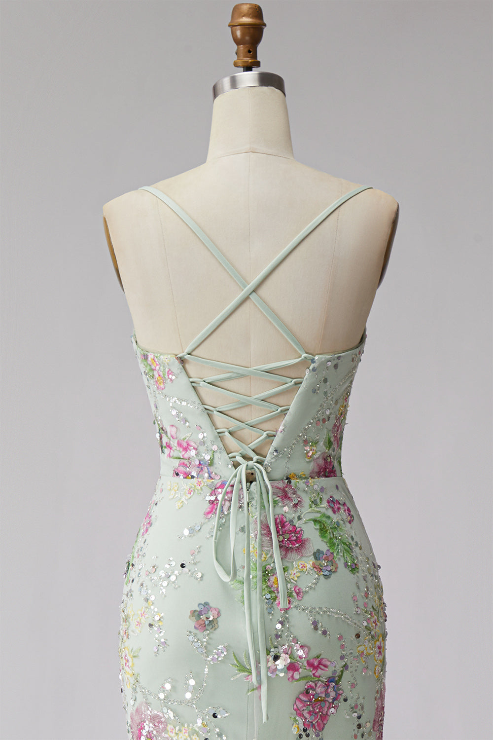 Sparkly Light Green Floral Sequin Beaded Mermaid Long Prom Dress