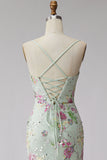 Sparkly Light Green Floral Sequin Beaded Mermaid Long Prom Dress