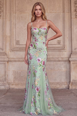 Sparkly Light Green Floral Sequin Beaded Mermaid Long Prom Dress