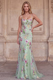 Sparkly Light Green Floral Sequin Beaded Mermaid Long Prom Dress