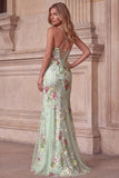 Sparkly Light Green Floral Sequin Beaded Mermaid Long Prom Dress
