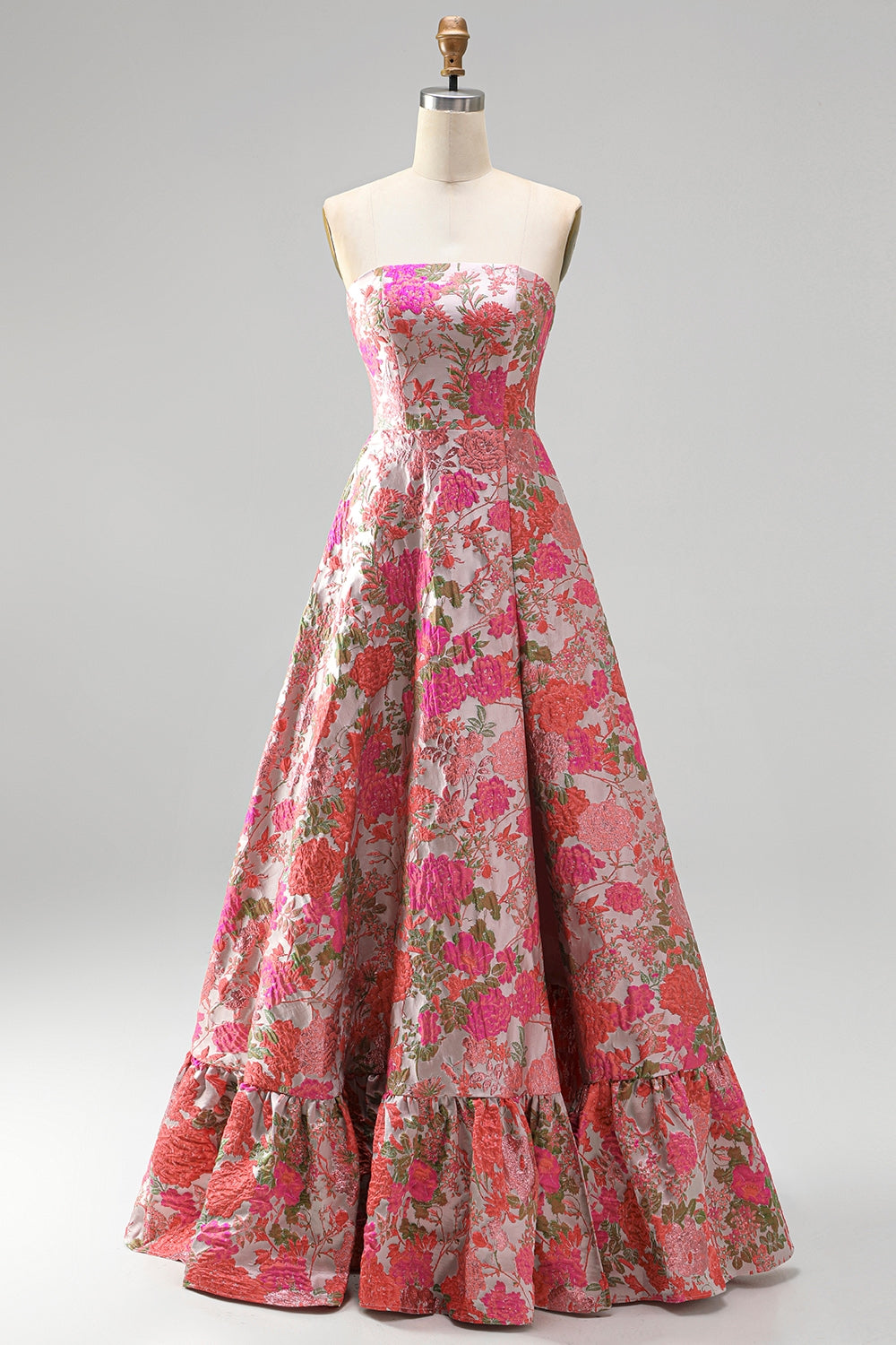 Red Flower Jacquard Ruffled A Line Strapss Long Prom Dress with Slit