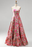 Red Flower Jacquard Ruffled A Line Strapss Long Prom Dress with Slit