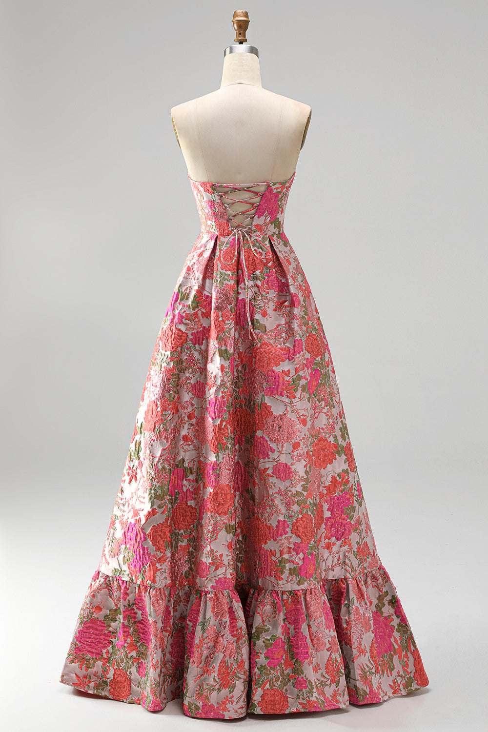 Red Flower Jacquard Ruffled A Line Strapss Long Prom Dress with Slit