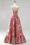 Red Flower Jacquard Ruffled A Line Strapss Long Prom Dress with Slit