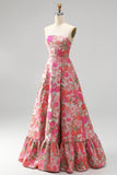 Red Flower Jacquard Ruffled A Line Strapss Long Prom Dress with Slit