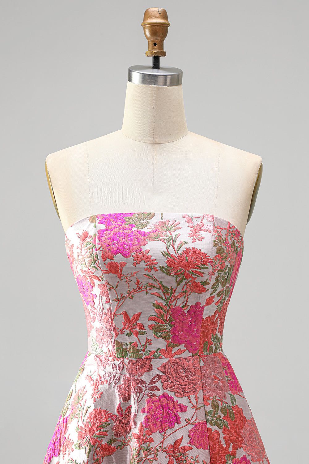 Red Flower Jacquard Ruffled A Line Strapss Long Prom Dress with Slit