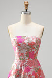 Red Flower Jacquard Ruffled A Line Strapss Long Prom Dress with Slit