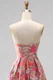Red Flower Jacquard Ruffled A Line Strapss Long Prom Dress with Slit