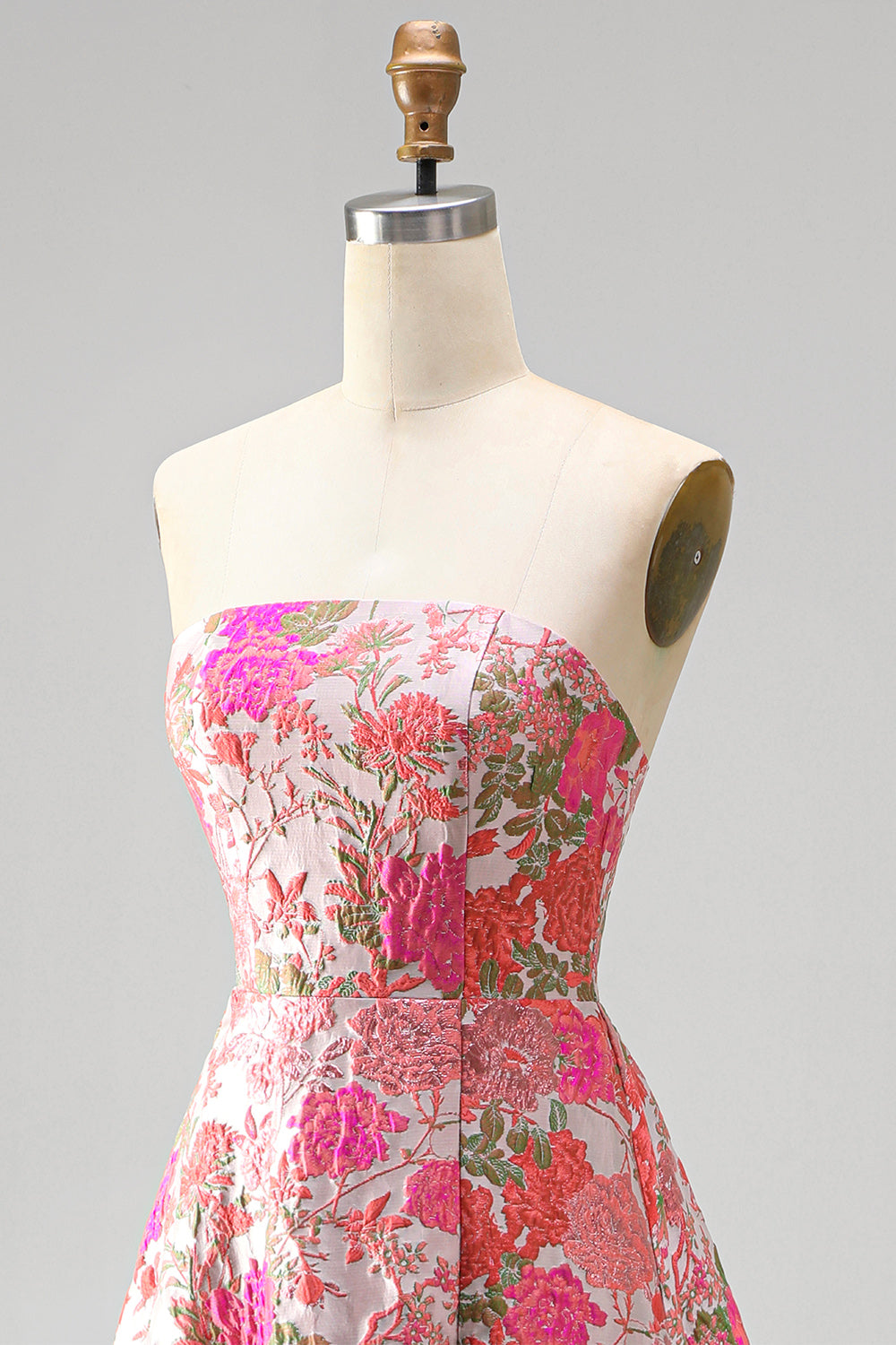 Red Flower Jacquard Ruffled A Line Strapss Long Prom Dress with Slit