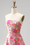 Red Flower Jacquard Ruffled A Line Strapss Long Prom Dress with Slit